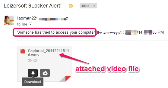 email notification alert with captured video