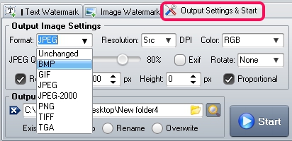 output settings & start option