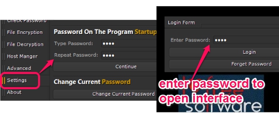 password protection to lock, unlock interface
