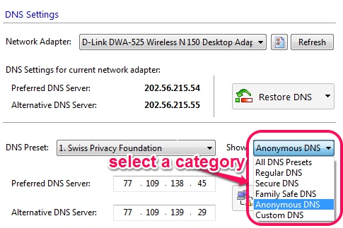 select a category and DNS server