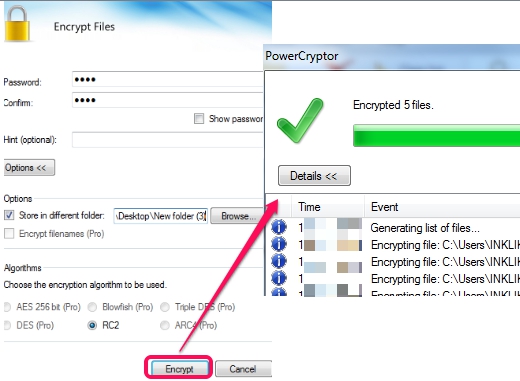 select destination location and encrypt files