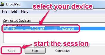 select device and start the session