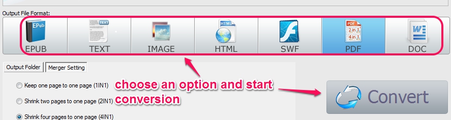 select output format and start conversion