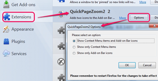 show hide context menu items and add-on bar icons