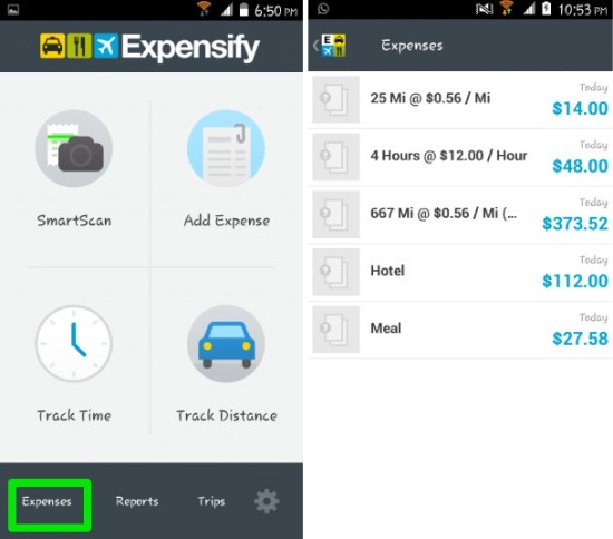 Expensify for Android calculate expenses