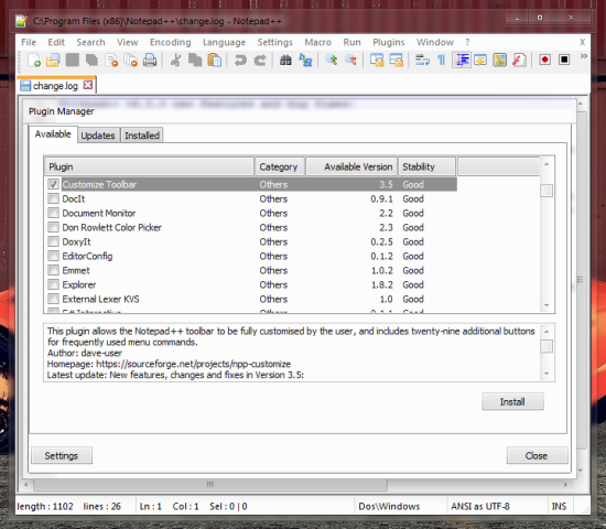 How to install Customize Toolbar for Notepad++