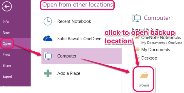 Open option to restore backup sections