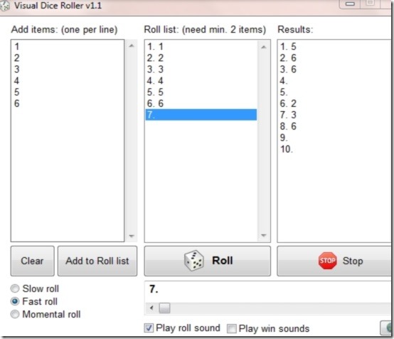 Visual Dice Roller user interface