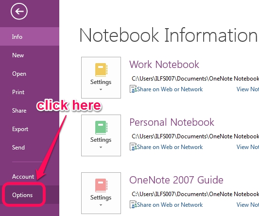 access OneNote Options