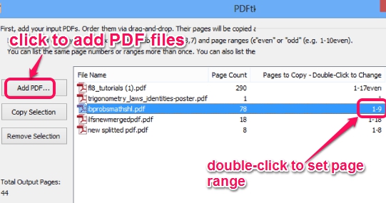 add PDF files and set page range