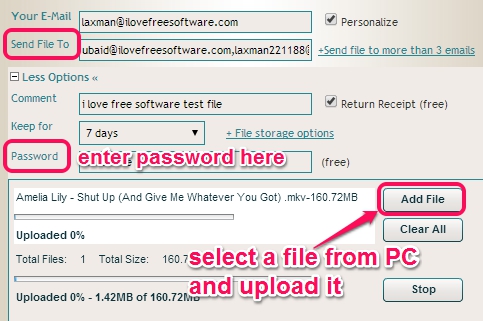enter file sending details and upload a file
