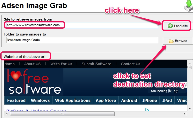 enter website address and set destination location