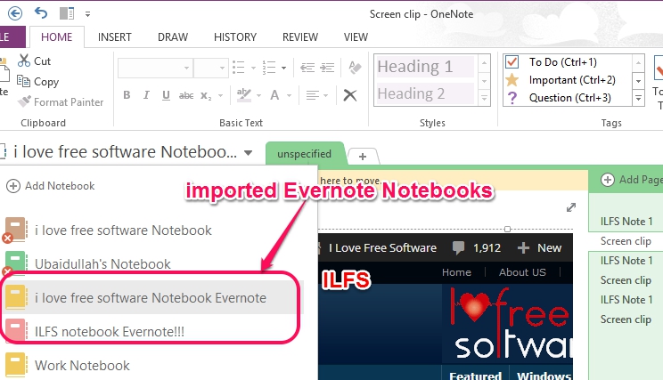 imported Evernote Notebooks in OneNote