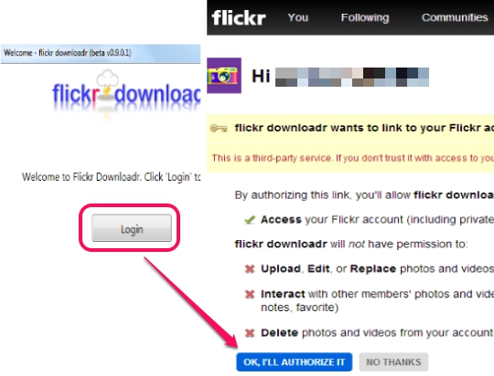 login and authorize flickr downloadr