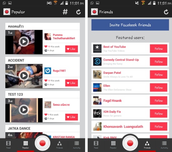 popular and friends in socialcam for android