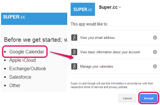 select Google Calendar and provide authorization