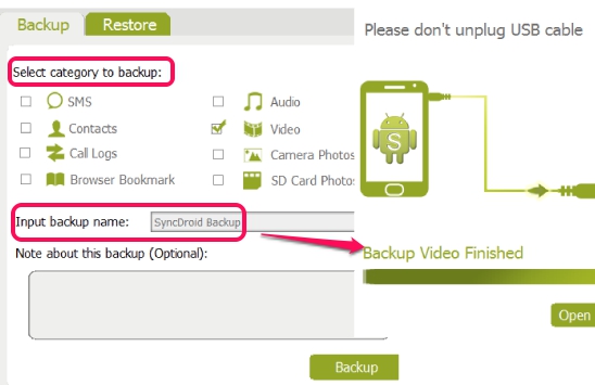 select categories to backup