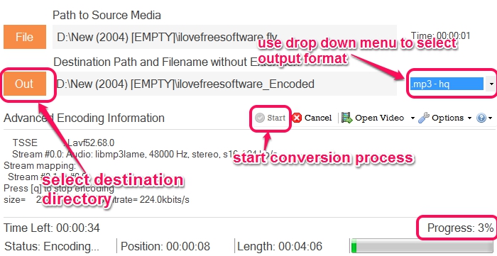 select output format and start conversion