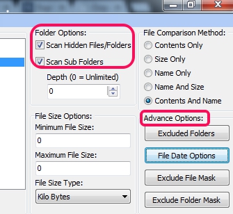 set file comparison method and advanced options