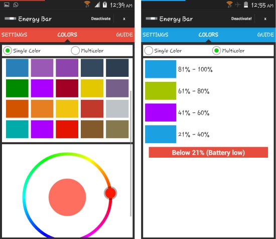 single and multi color options energy bar for android