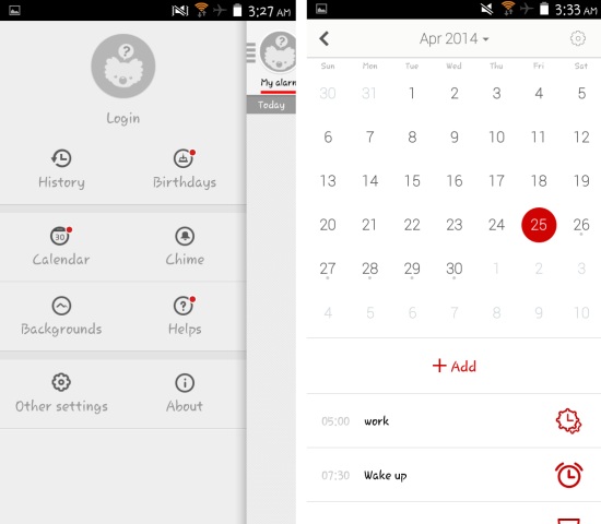 Alarm Pro For Android menu and settings