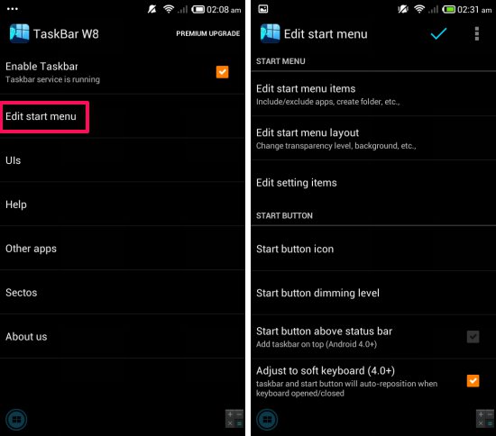 Customization and settings in Taskbar Windows 8 Style for Android