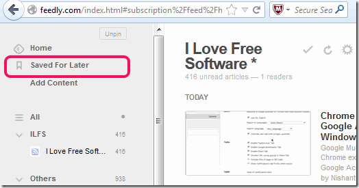 Feedly Saved for Later