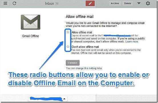 Gmail offline confirmation screen to allow offline mail