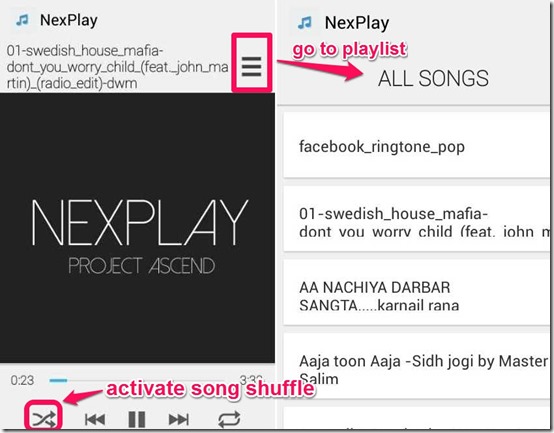 Nexplay playlist and shuffle options