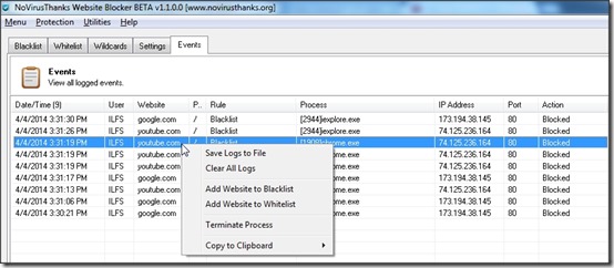 NoVirusThanks Website Blocker events