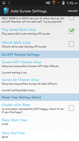 Options in auto screen on off for android