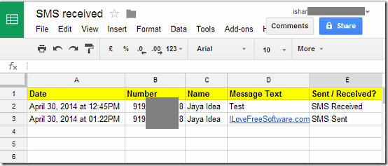 SMS Log in Spreadsheet