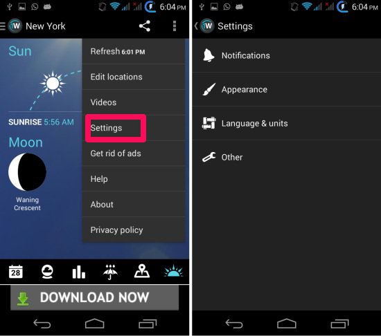 Settings in 1Weather for Android