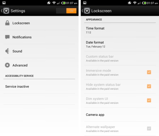 Settings in SlideLock for Android