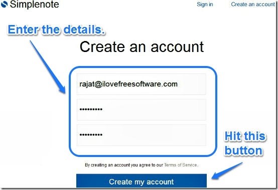 Simplenote account creation