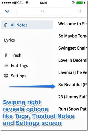 Simplenote iOS right swipe options