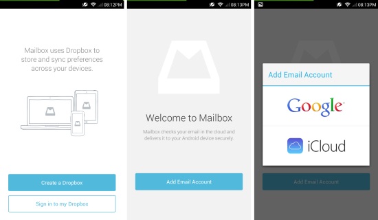 Starting and setting up email account in Mailbox for Android