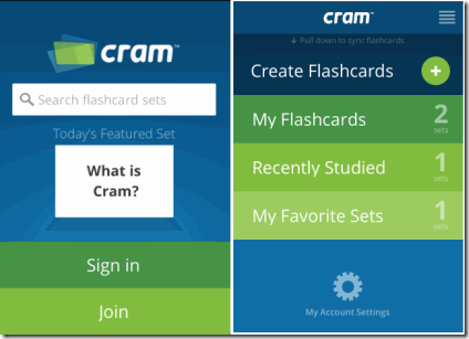 Flashcards with Cram.com Home screen