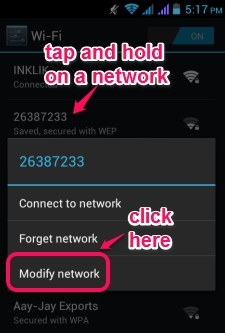 access Modify network option