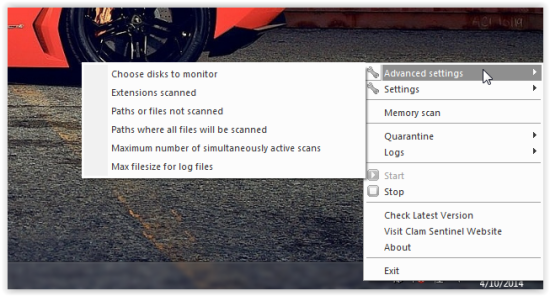 advanced settings in clam sentinel for windows