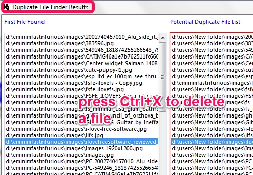 duplicate file finder results