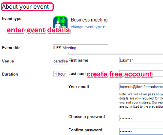 enter event details and create account