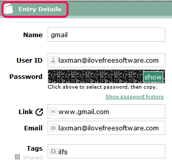 entry details to store a password