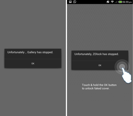 fake crash on zdlock for android