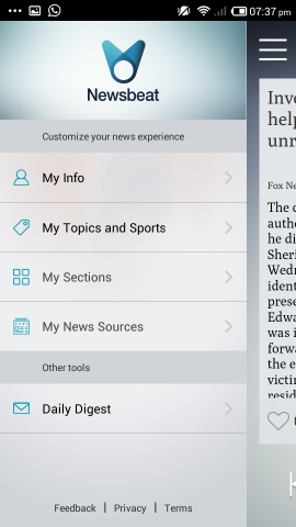 options in newsbeat for android