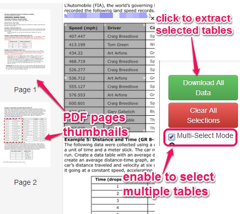 select PDF tables and extract