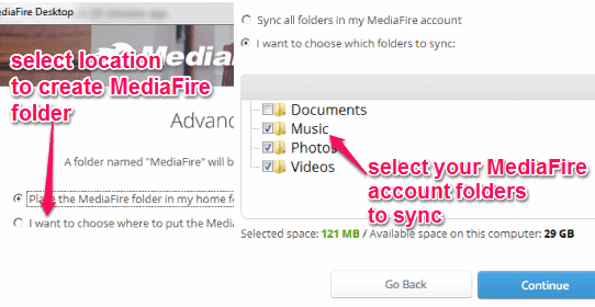 select location for MediaFire folder and choose folders to sync