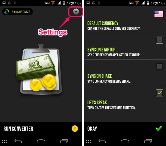 settings Talking Currency Converter for Android