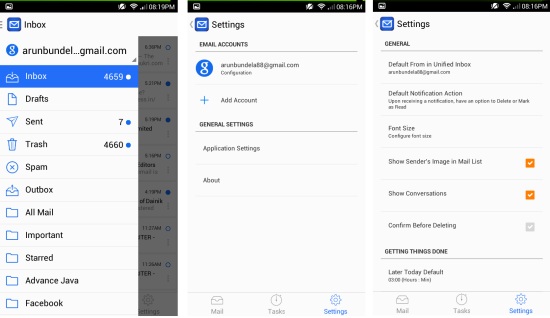 settings in blue mail for android
