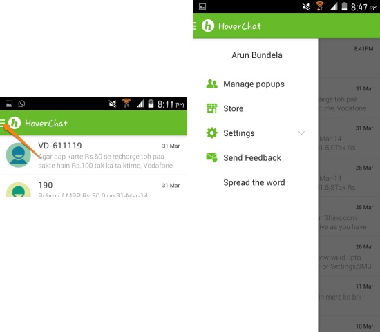 settings in hoverchat for android